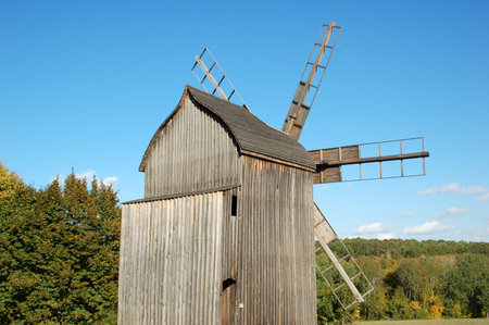 Old wooden windmill at ethnographic museum Pirogovo, Kiev, Ukraine