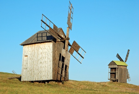 Antique ramshackle wooden windmill, Pirogovo, Kiev, Ukraineの写真素材