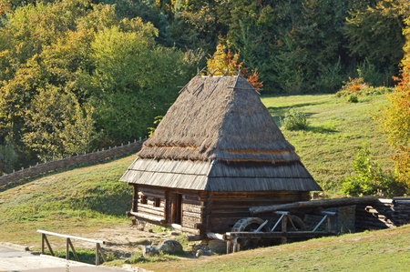 Ancient hut with watermillのeditorial素材