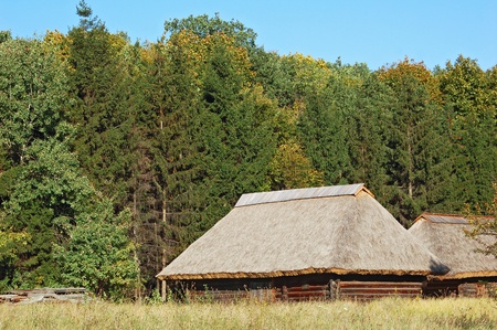 Ancient traditional ukrainian forest carpatian cottage with a straw roofのeditorial素材
