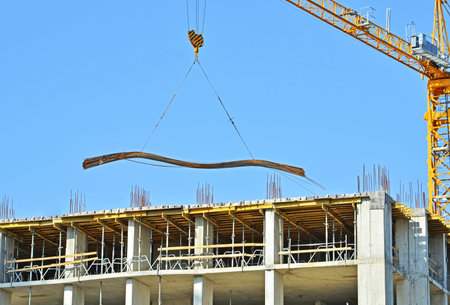 Building crane and reinforcement on construction site
