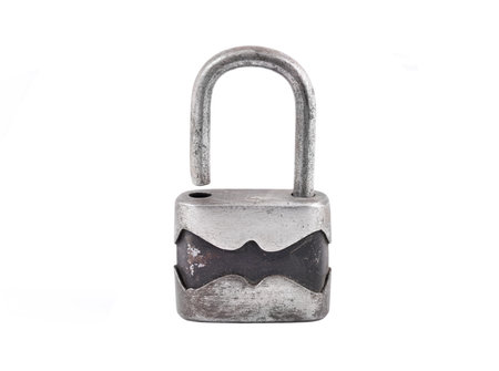 Old rusty padlock, isolated on white background