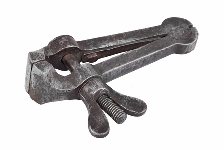Vintage mechanical vise, isolated on white backgroundの写真素材