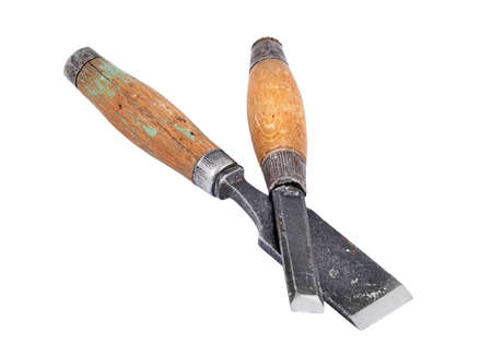 Old and rusty chisel, isolated on white backgroundの写真素材
