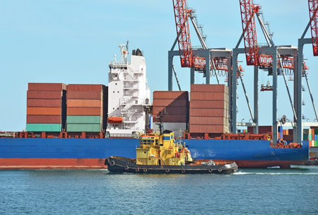 Container stack, ship and tugboat under crane bridge
