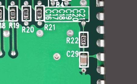 Close up of a printed green computer circuit board