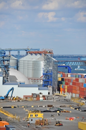 Cargo container, pipe and grain drayer in port of Odessa, Ukraineの写真素材
