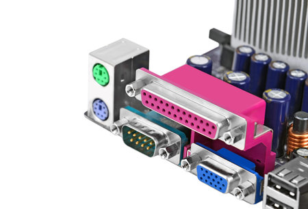 Connector of computer motherboard board, isolated on white background