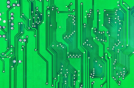 Close up of a printed green computer circuit board