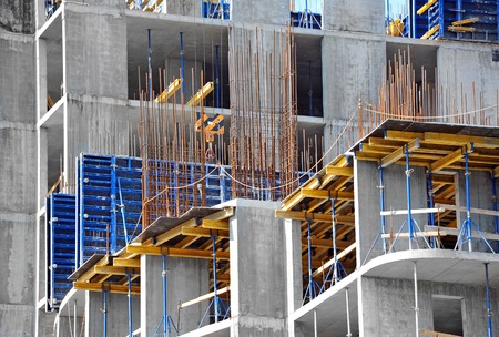 Concrete formwork and floor beams on construction siteの写真素材