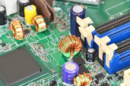 Printed computer motherboard with microcircuit, close-up