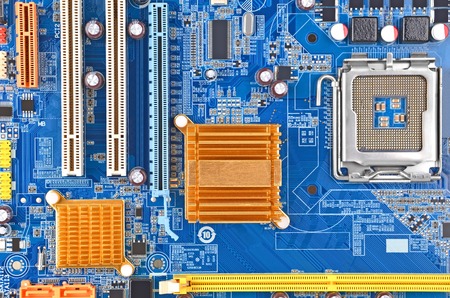 Printed computer motherboard with microcircuit, close up, DOFのeditorial素材