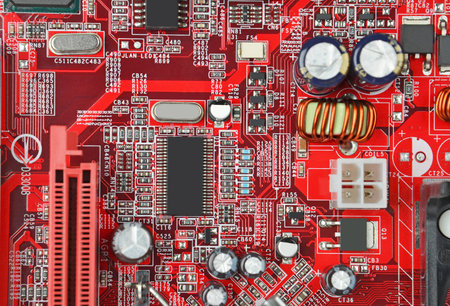 Printed computer motherboard with microcircuit, close up