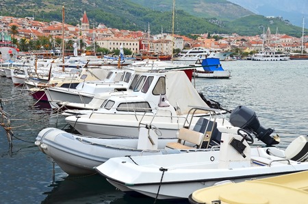 Motor yacht over harbor pier, Croatia, Europeの写真素材