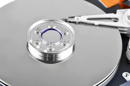 Detailed view of the inside of a hard disk drive (HDD)