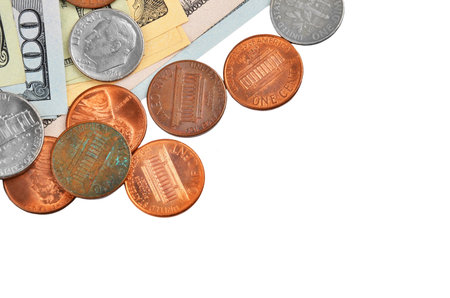 Coin and dollar banknote, isolated on white background