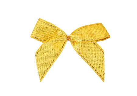 Golden gift ribbon bow, isolated on white backgroundの写真素材