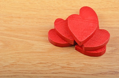 Red heart on wooden background, card for Valentine's dayの写真素材