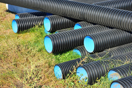 Stacked new PVC pipe on construction site