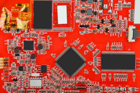 Printed computer motherboard with microcircuit, close up