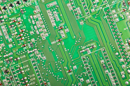 Close up of a printed green computer circuit board