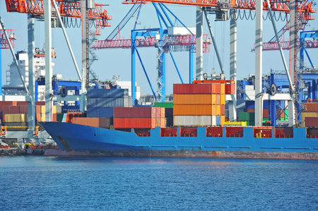 Container stack and ship under crane bridge