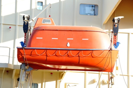 Safety lifeboat on deck of bulk carrier shipの写真素材
