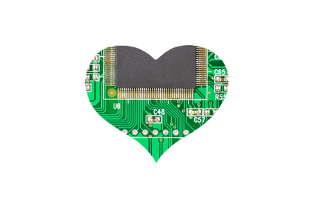 Heart from microcircuit, isolated on white backgroundの写真素材
