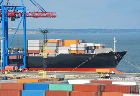 Port cargo crane, ship and container, Odessa, Ukraine
