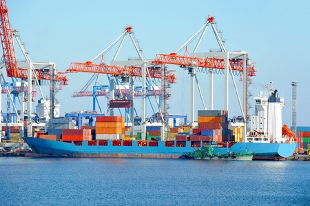 Port cargo crane, ship and container, Odessa, Ukraineの写真素材