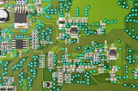 Close up of a printed green CD-ROM circuit boardの写真素材