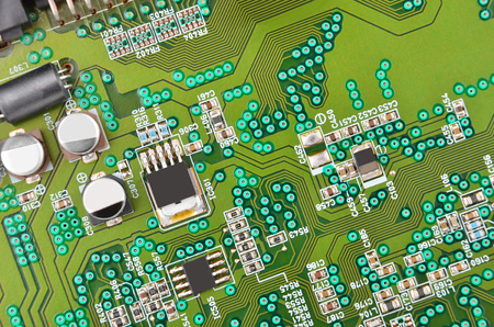 Close up of a printed green CD-ROM circuit boardの写真素材