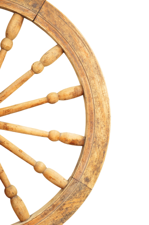 Antique wooden spinning wheel, isolated on white backgroundの写真素材