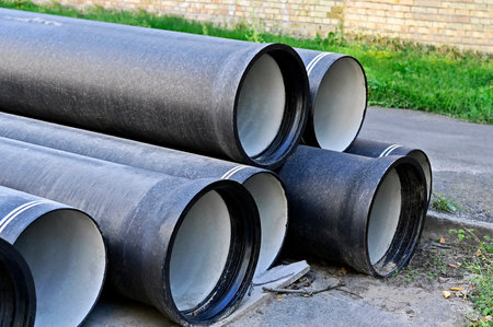 Ceramic sewer pipe stacked on construction siteの写真素材