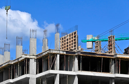 Construction site with formwork and blue skyの写真素材