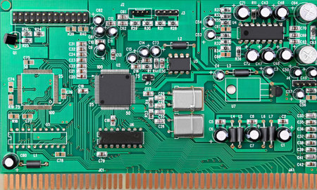 Close up of printed green circuit board as background