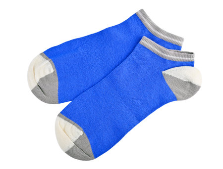 Blue with grey cotton socks, isolated on white background
