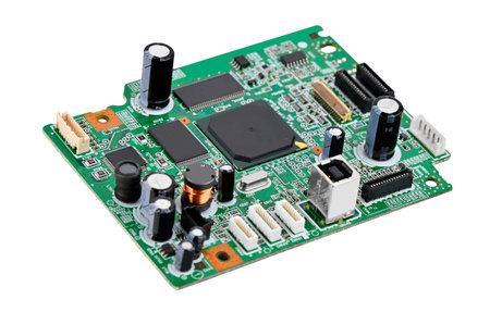 Mainboard of old inkjet printer, isolated on white background