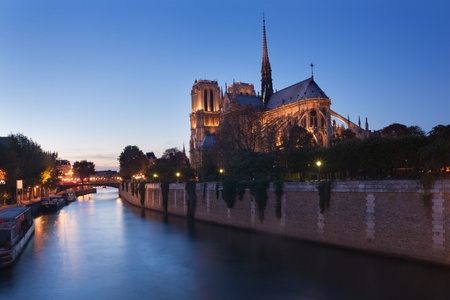 Rear view of Notre Dame cathedral in Paris, France, at duskのeditorial素材