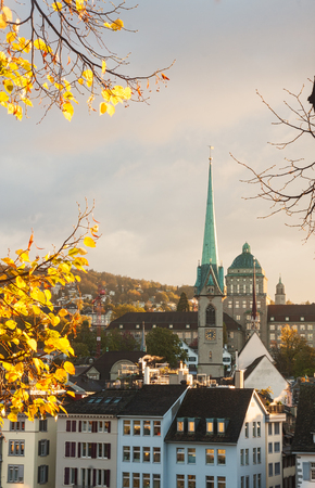 Predigerkirche church during an autumn day in Zurich, Switzerlandの写真素材