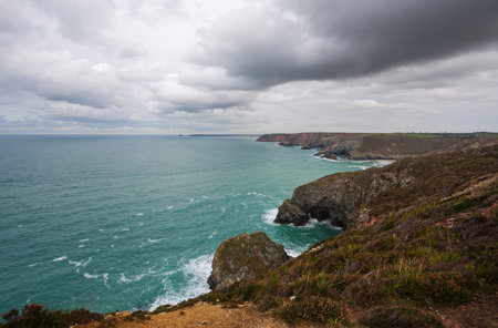 Aerial view of English coast in Cornwall.