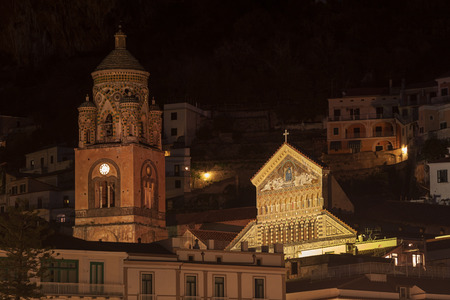Amalfi Coast, Italy: Duomo di Amalfi and bell tower by night.の写真素材