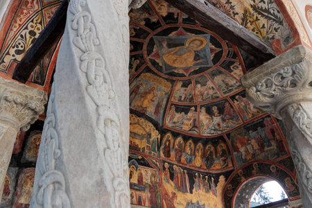 Sinaia Monastery, Romania: details of frescos on the Old Church (Biserica Veche) roof