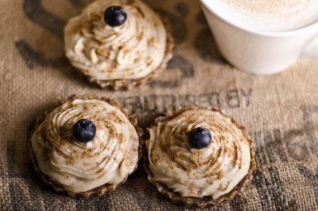 raw food cupcakes with nutcream and blueberry on top, vegan ingredients onlyの写真素材