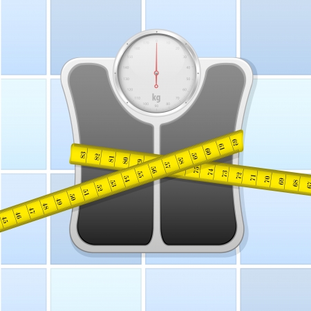 detailed illustration of an analog bathroom scale wrapped in measure tapeのイラスト素材