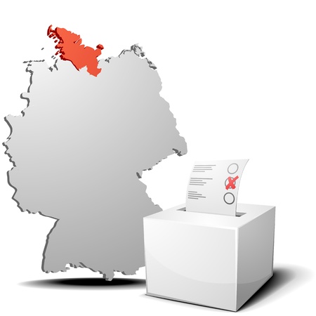 detailed illustration of ballot box in front of a 3D outline of Germany with a red marked province Schleswig-Holsteinのイラスト素材