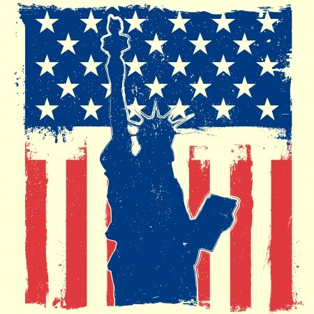 detailed illustration of the Statue of Liberty in front of a grungy stars and stripes backbroundのイラスト素材