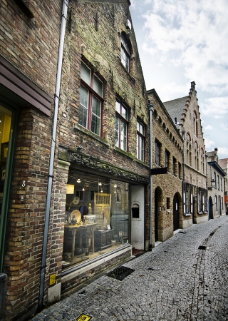 row of medieval houses in the old town of Bruges, Belgiumのeditorial素材