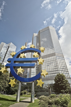 Euro Sign in front of the European Central Bank (ECB) headquarter building in Frankfurt am Main, Germanyのeditorial素材