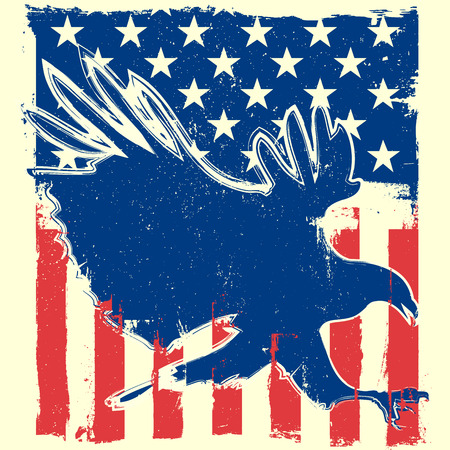 detailed illustration of a bald eagle silhouette in front of a grungy stars and stripes backbroundのイラスト素材